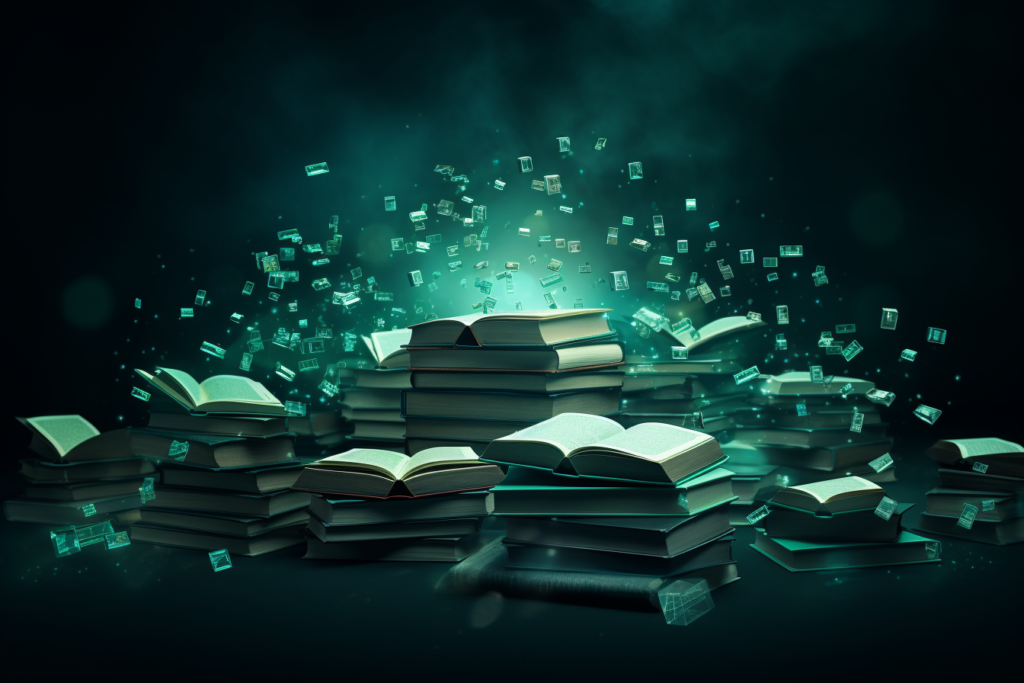 a pile of books with books flying in dark green color