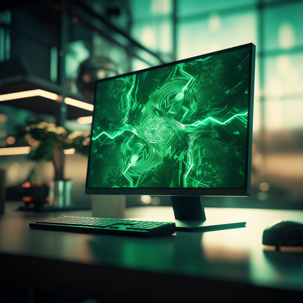 view of a computer with green dots on it in an office