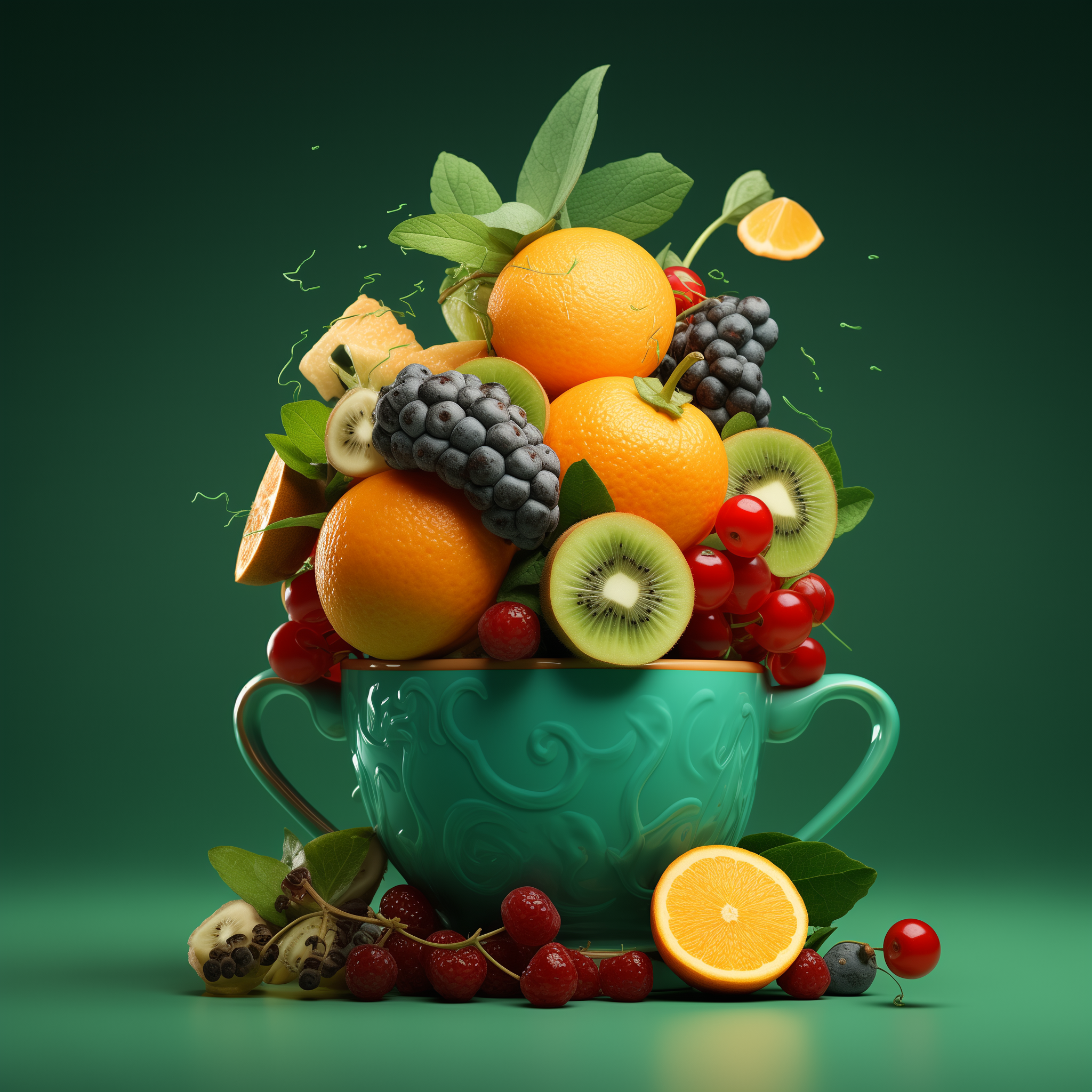 An intricately designed teal cup filled with an assortment of fresh fruits. Visible fruits include whole oranges, kiwi slices, blackberries, and clusters of red currants. There are hints of zest and mint leaves interspersed among the fruits, suggesting freshness and flavor, against a dark green background.