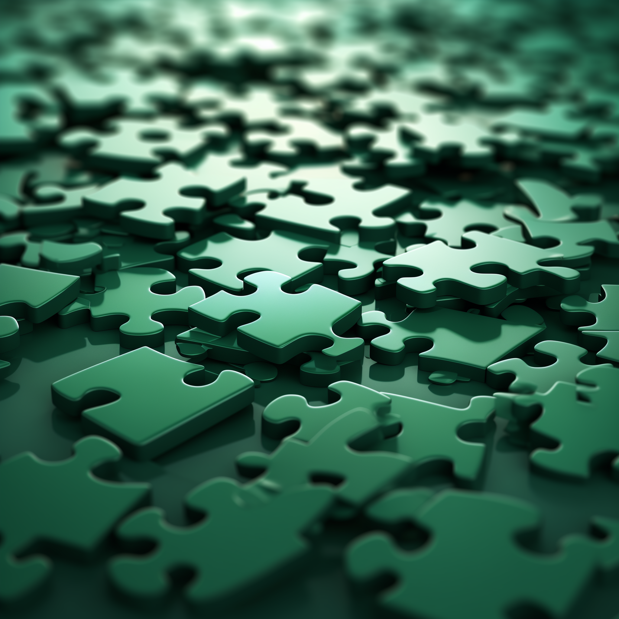 A close-up view of interlocking jigsaw puzzle pieces in various shades of green, with one piece standing out as it is detached from the group.