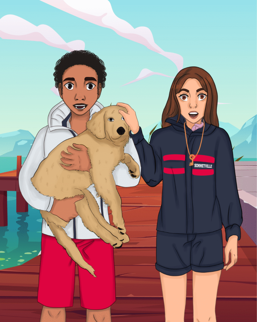 Aria and Liam with their friends during their adventure in Atlantis from the book The Cursed Empress.