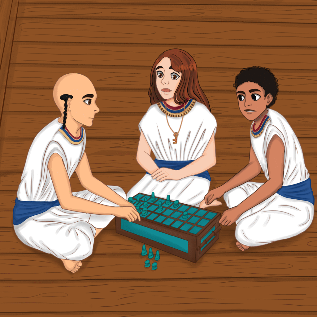 Aria, Liam and Asim playing senet