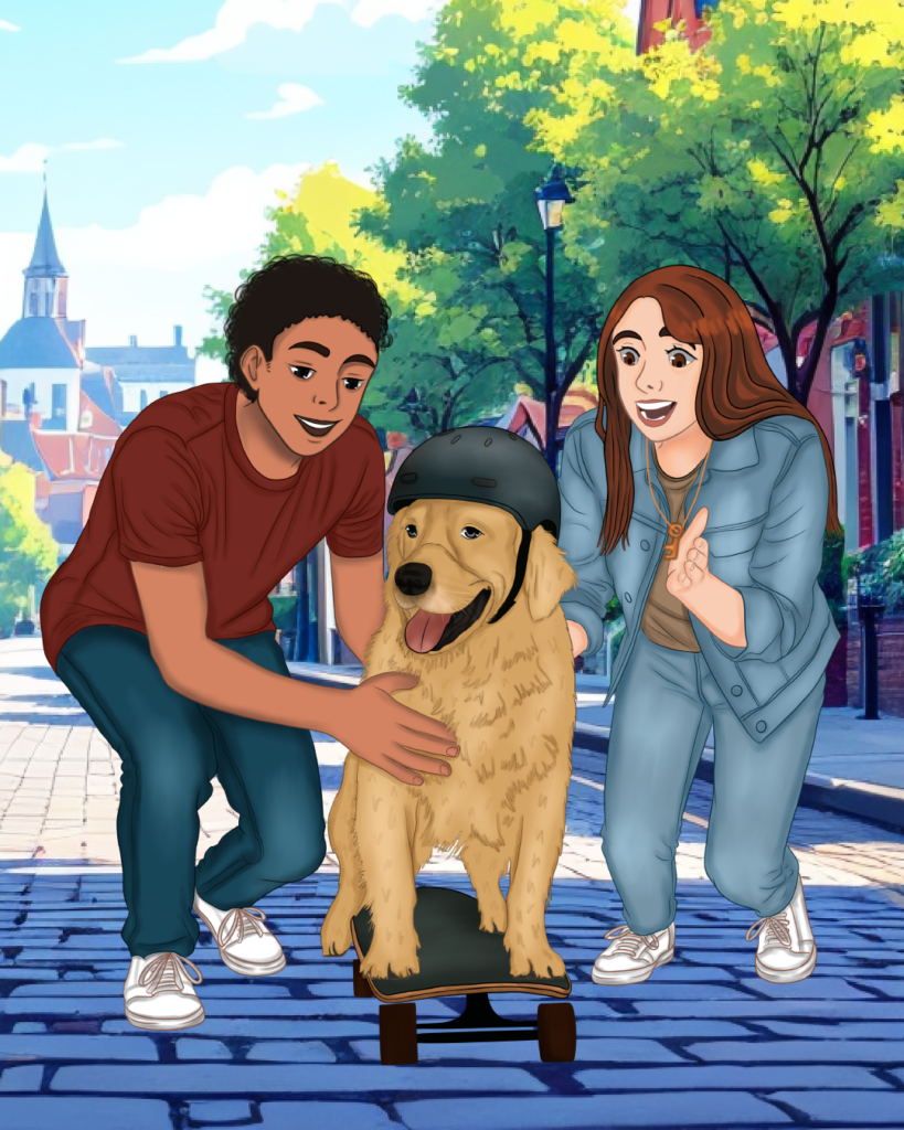 Aria and Liam teaching their dog Pingo skateboard