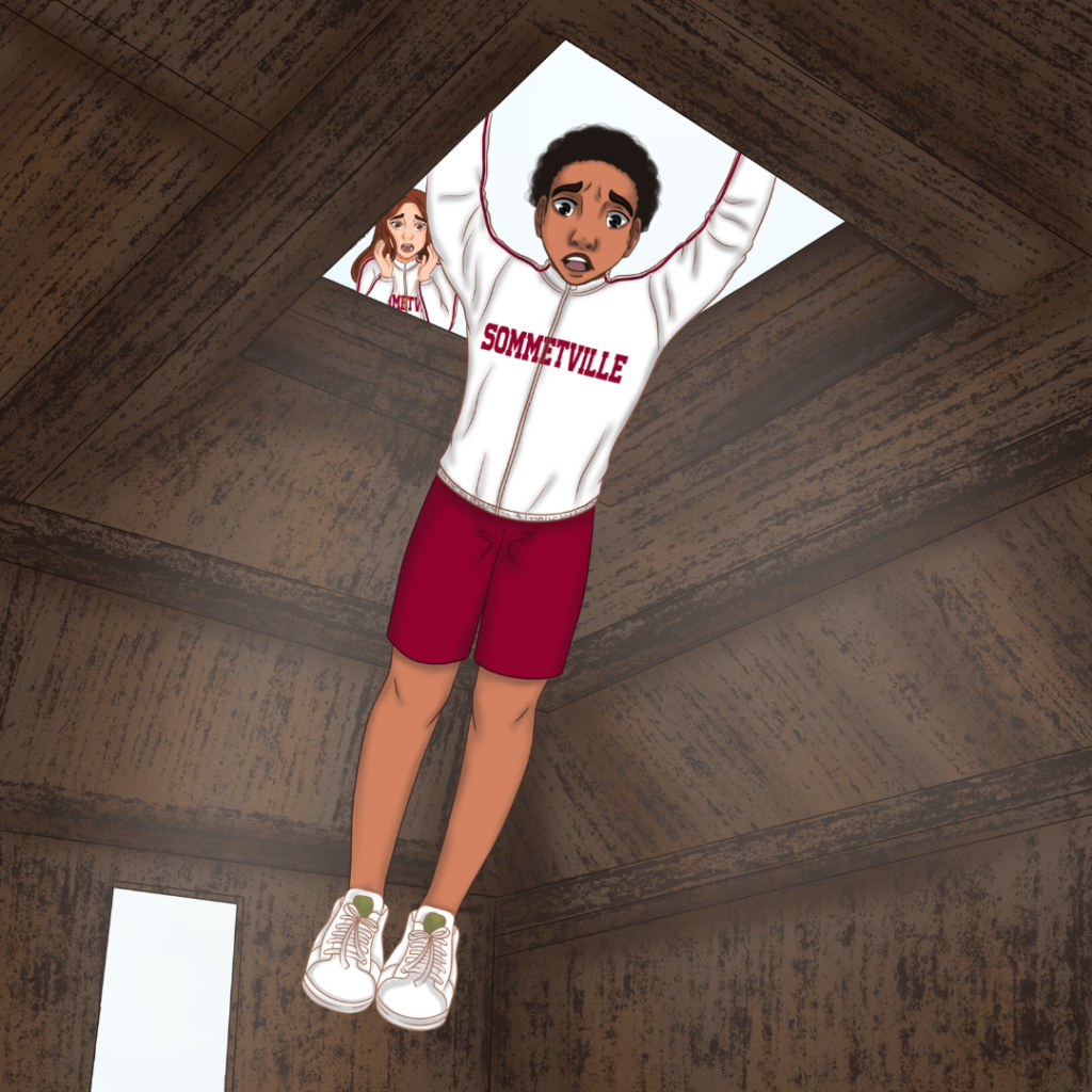 Liam falling through window in The Druids' Secret