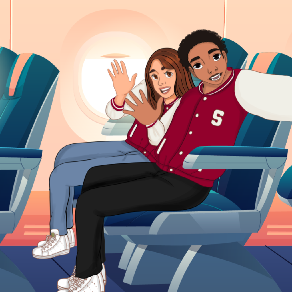 Aria and Liam on the plane in The Baker Street Mystery